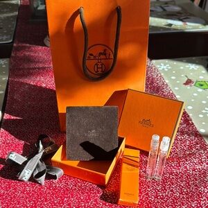 Hermes gift bag, box velvet pouch ribbon & 2 samples of Hermes toilette perfume